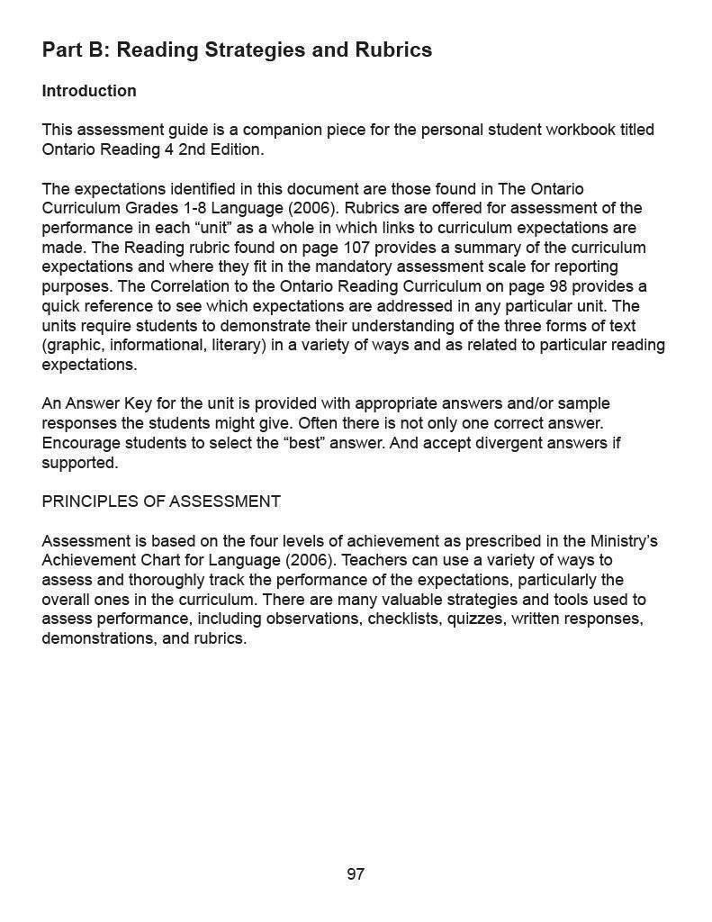 Ontario Reading 4 2nd Edition Assessment Guide